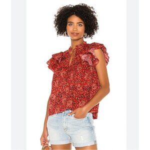 Ulla Johnson Gabi Shirt Womens 0 Red Floral Ruffle Flutter Sleeve Boho Blouse